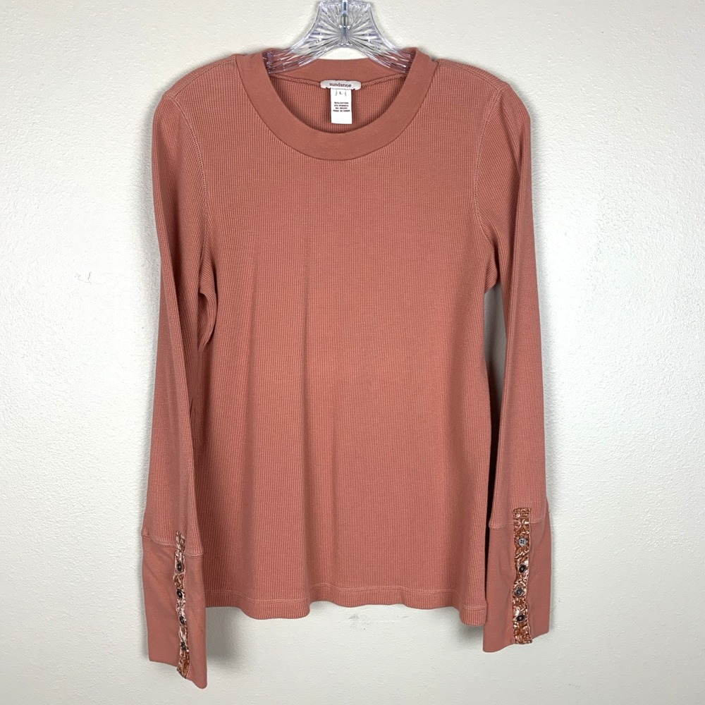 Sundance Waffle Knit Top Size L Crushed Velvet Button Cuff Boho Orange Fall